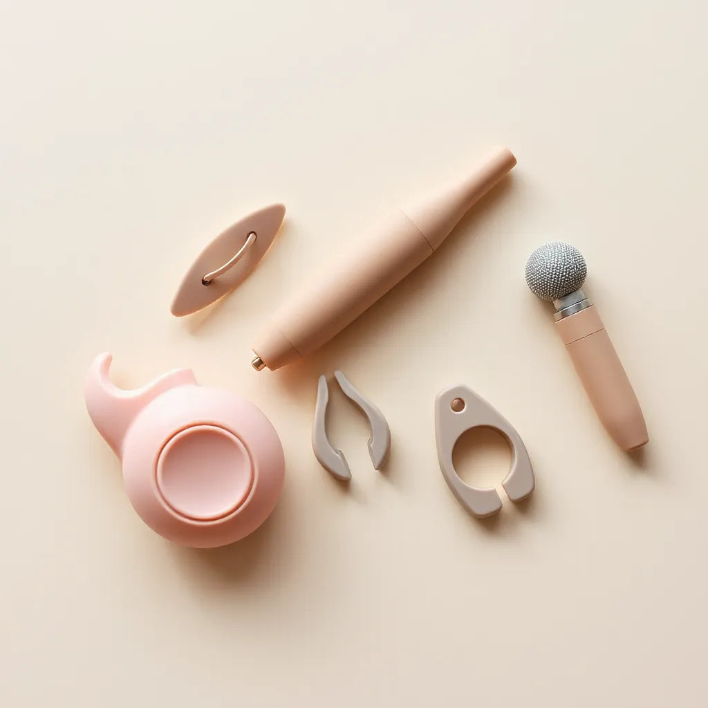 Assorted nipple stimulation tools with silicone and soft-touch attachments arranged neatly on a neutral surface