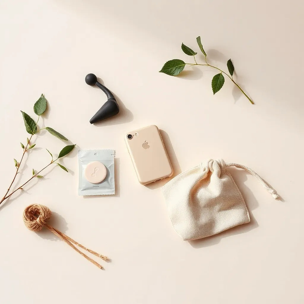 Discreet assortment of adult novelty items and a fabric pouch arranged on a neutral tabletop under warm light