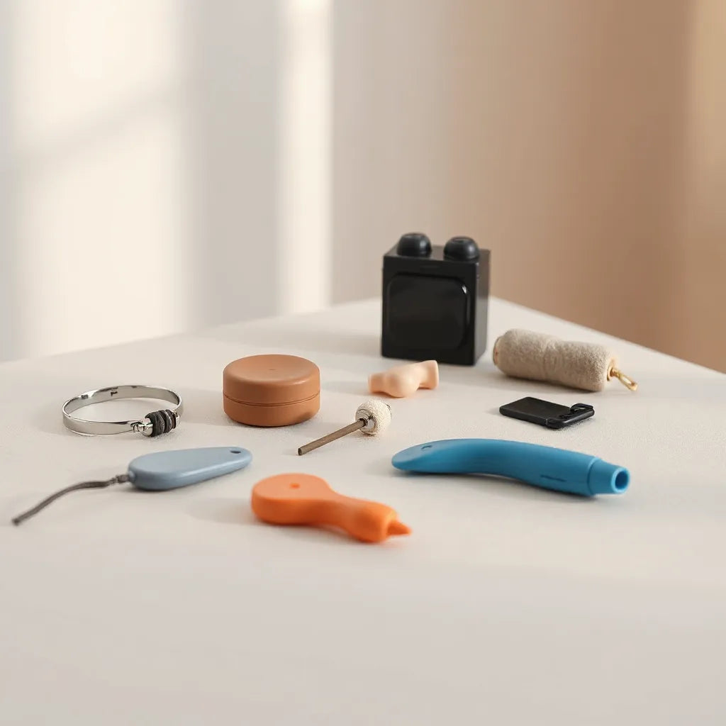 Discreet novelty adult items arranged on a neutral tabletop with soft lighting