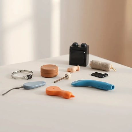 Discreet novelty adult items arranged on a neutral tabletop with soft lighting