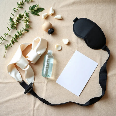 Beginner bondage accessories neatly arranged on a neutral tabletop with soft restraints and blindfold