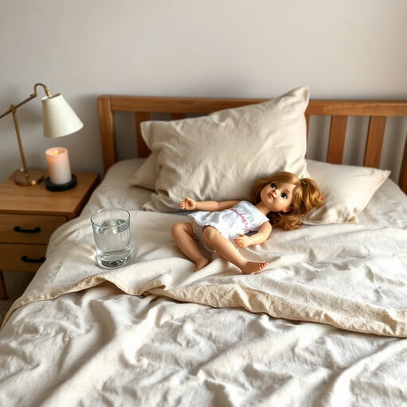 Intimate experience doll resting on a neatly made bed in a softly lit bedroom