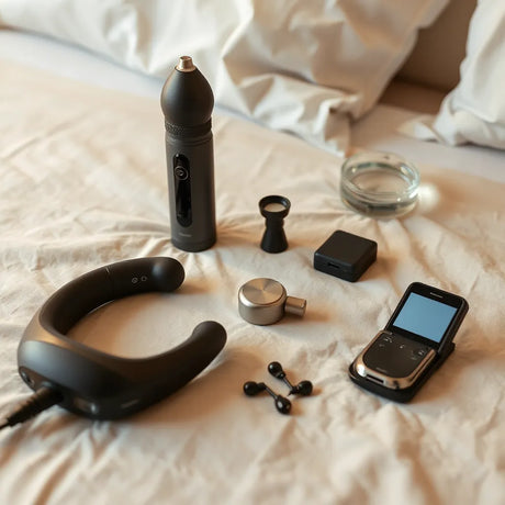 Sleek adult sensual toys for him arranged on a neutral bedside surface in warm light