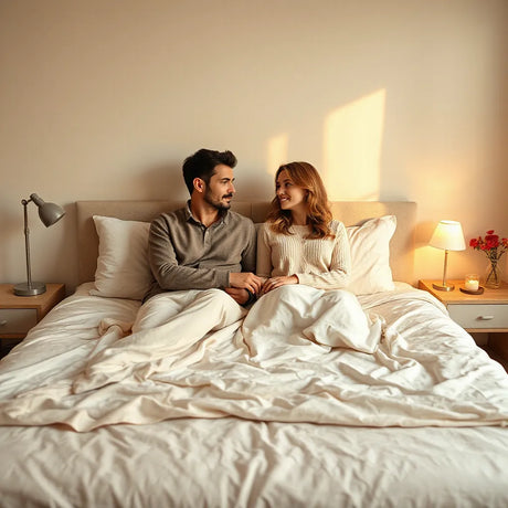 Adult couple sitting close on a bed with warm bedside lighting and gentle hand contact