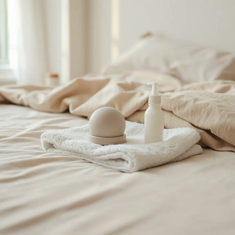 Discreet suction intimate toy on a towel with water-based lube bottle on a neutral background
