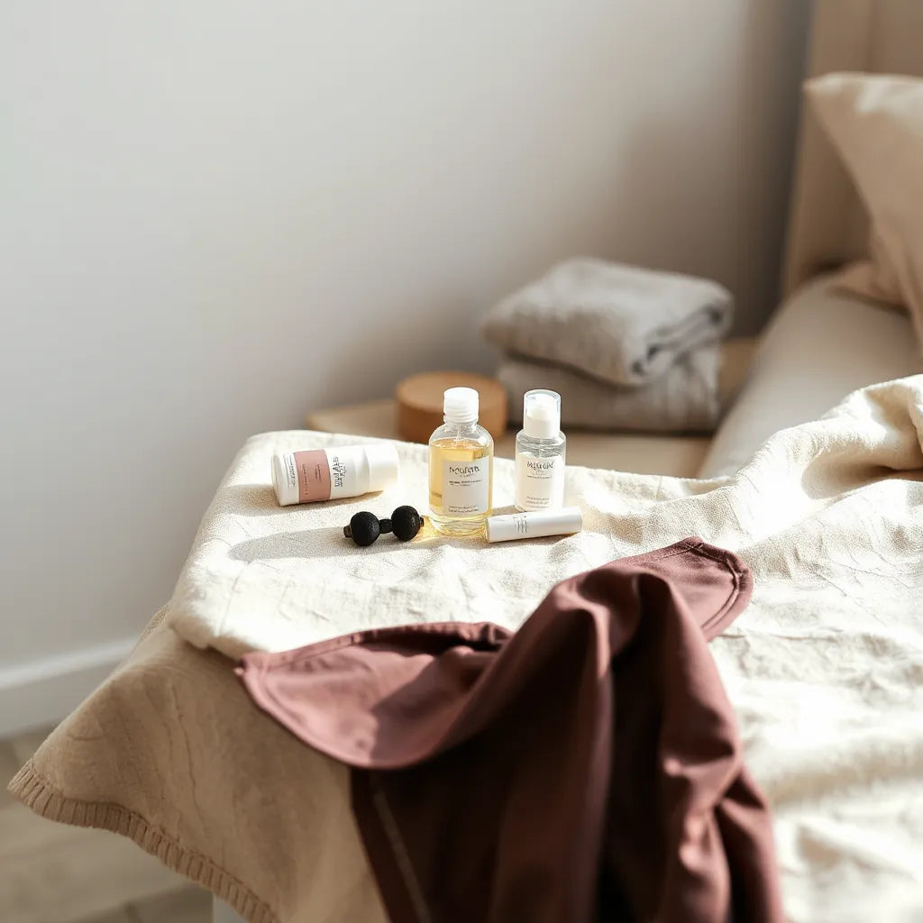 Neatly arranged personal intimacy and care items on a bedside table in soft natural light