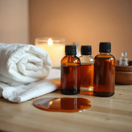 Glass bottles of massage oil with a towel and warm spa lighting for a relaxing, sensual glide