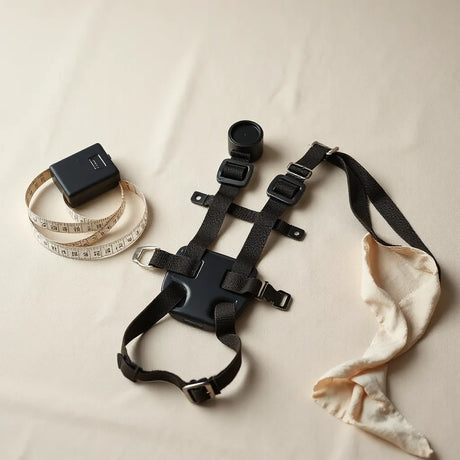 Adult sex doll harness straps and buckles laid out with a measuring tape for fit and comfort