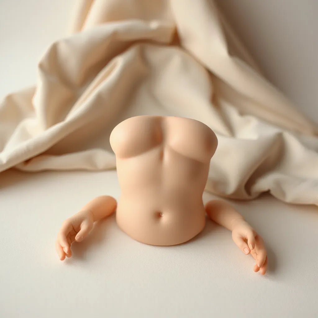 Smooth silicone doll torso and hands with realistic contours on a clean neutral studio surface