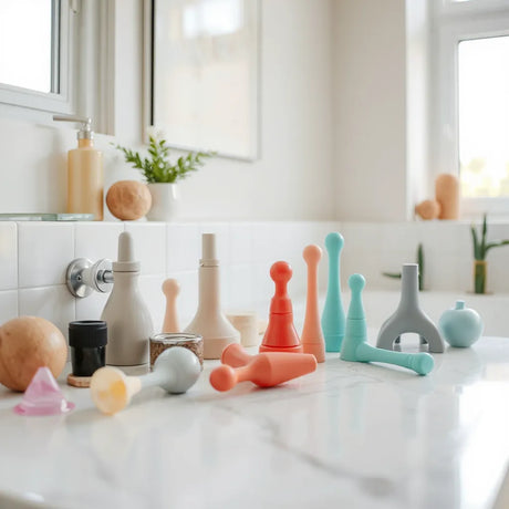 Assorted anal toys arranged neatly on a clean countertop with soft natural light