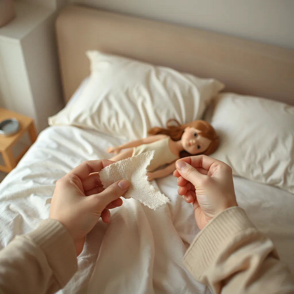 Personalized adult pleasure doll on a bed with a hand showing a matching fabric swatch for a tailored fit