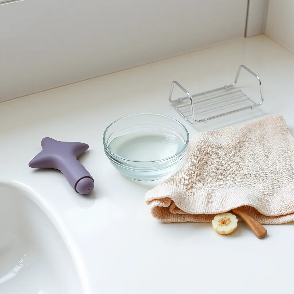 Silicone and glass toys on a clean countertop with soapy water, a soft cloth, and a drying rack