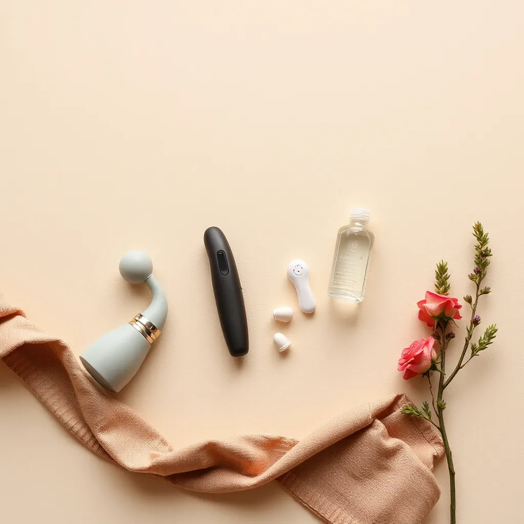 Discreet pleasure products and water-based lubricant arranged on a clean tabletop
