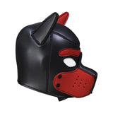 Red rubber puppy play mask for pet play with toy poodle design