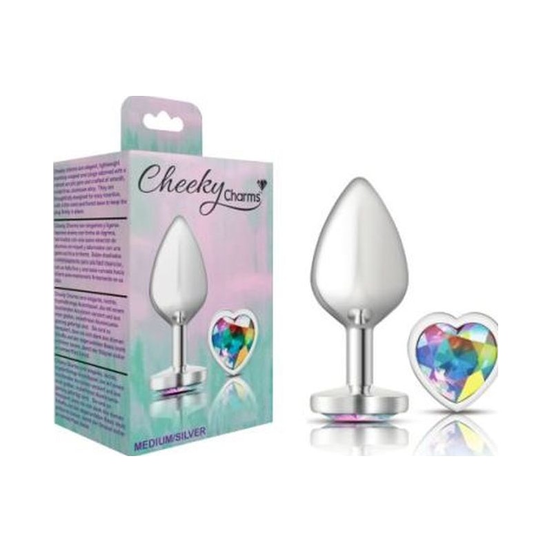 Cheeky Charms Silver Metal  Butt Plug w Heart Clear Jewel Medium - Naughty by Nature Adult Store