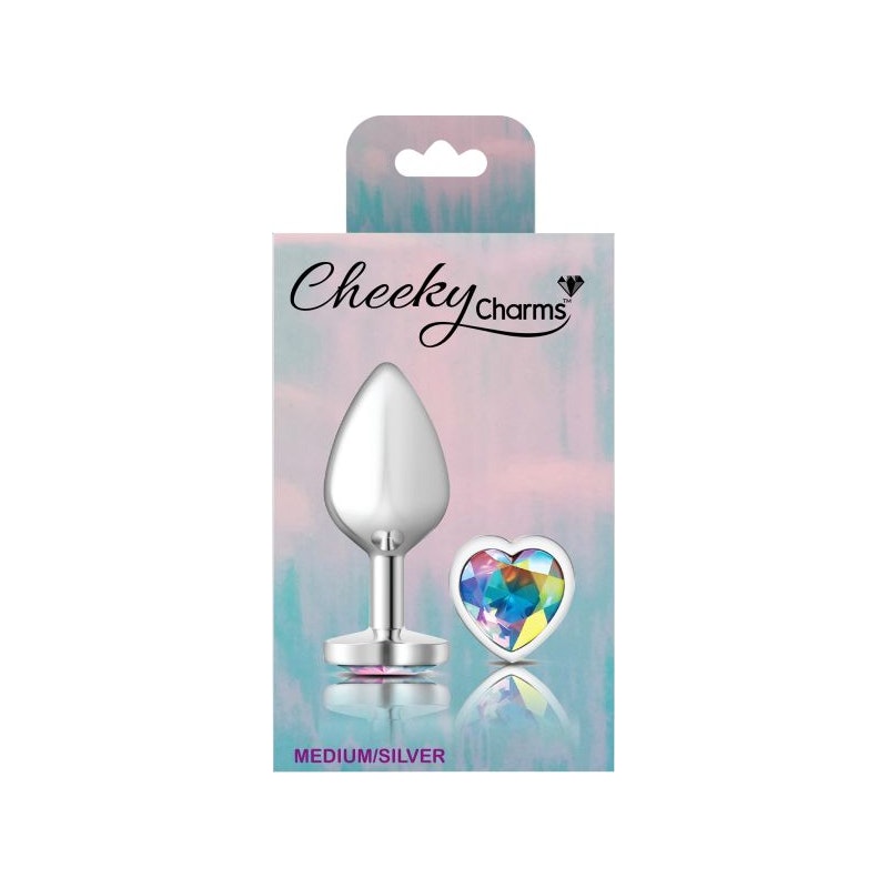 Cheeky Charms Silver Metal  Butt Plug w Heart Clear Jewel Medium - Naughty by Nature Adult Store