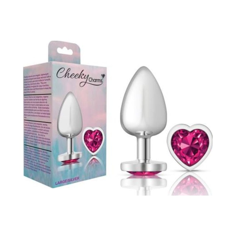 Cheeky Charms Silver Metal  Butt Plug w Heart Pink Jewel Large - Naughty by Nature Adult Store