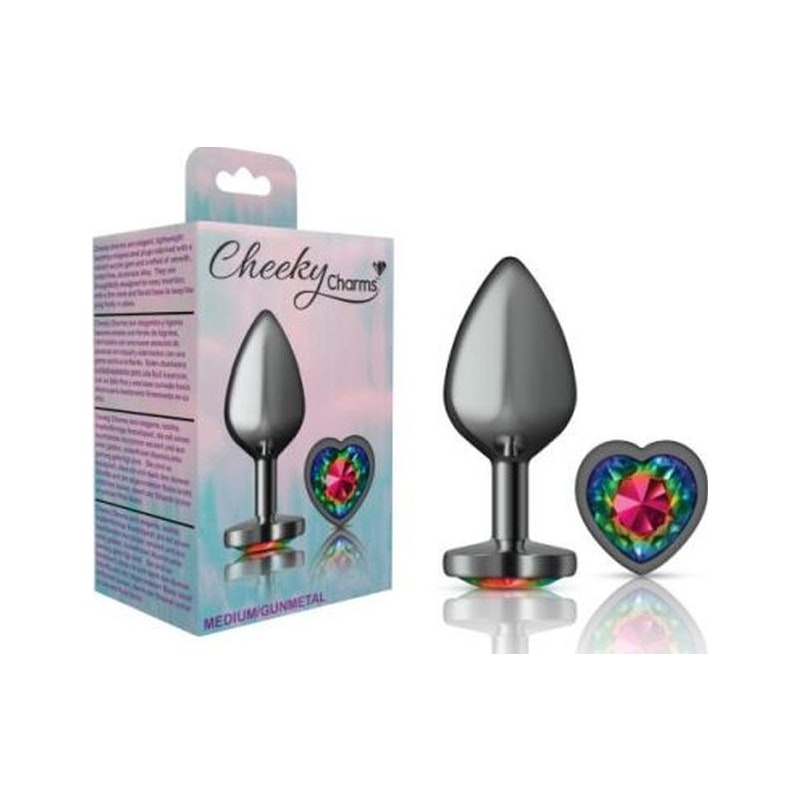 Cheeky Charms Gunmetal  Butt Plug w Heart Rainbow Jewel Medium - Naughty by Nature Adult Store