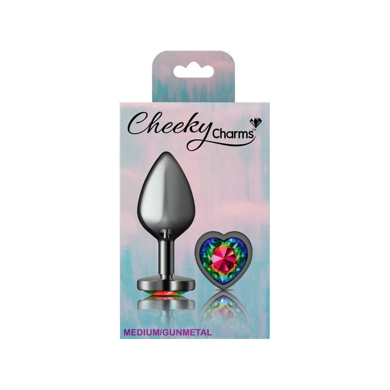 Cheeky Charms Gunmetal  Butt Plug w Heart Rainbow Jewel Medium - Naughty by Nature Adult Store