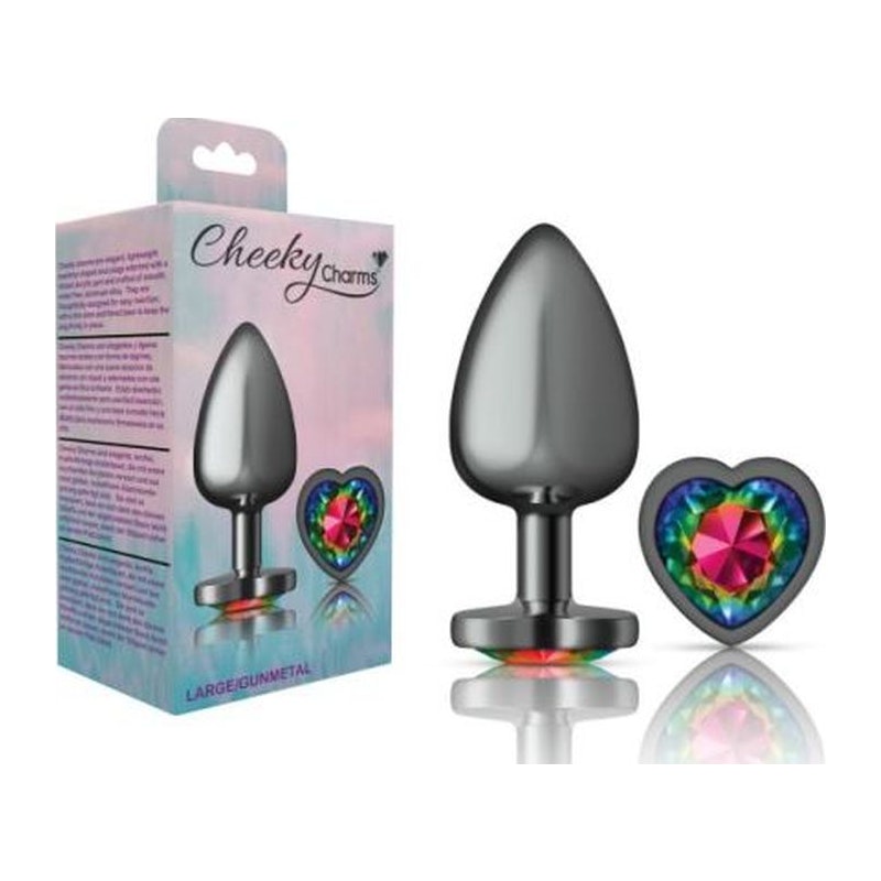 Cheeky Charms Gunmetal  Butt Plug w Heart Rainbow Jewel Large - Naughty by Nature Adult Store