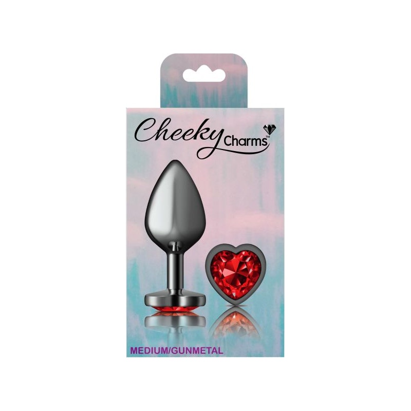 Cheeky Charms Gunmetal  Butt Plug w Heart Red Jewel Medium - Naughty by Nature Adult Store