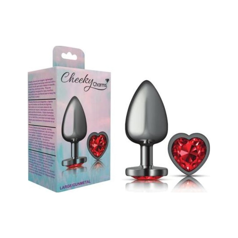 Cheeky Charms Gunmetal  Butt Plug w Heart Red Jewel Large - Naughty by Nature Adult Store