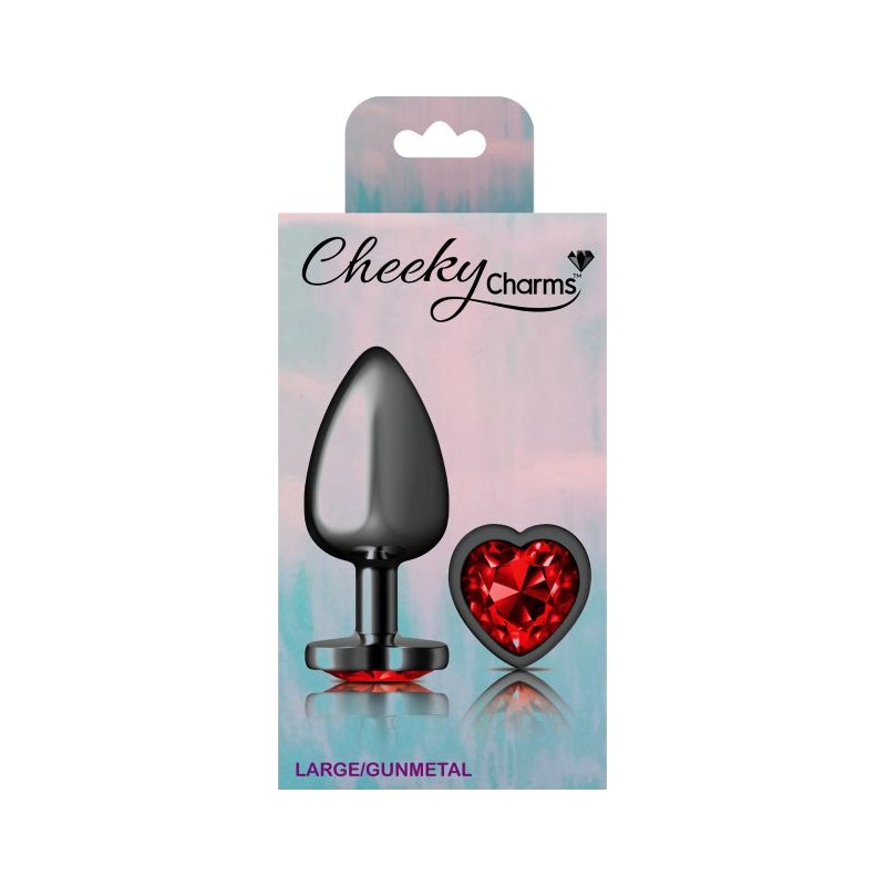 Cheeky Charms Gunmetal  Butt Plug w Heart Red Jewel Large - Naughty by Nature Adult Store