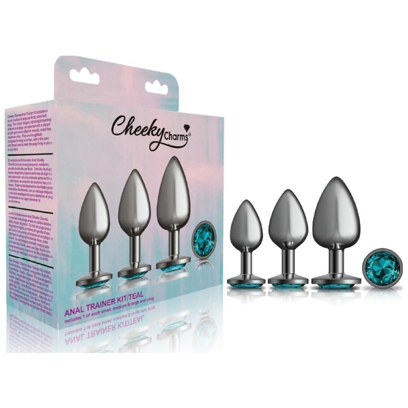 Cheeky Charms Round Metal Butt Plug Gunmetal 3 Pc Kit w Teal Jewel - Naughty by Nature Adult Store