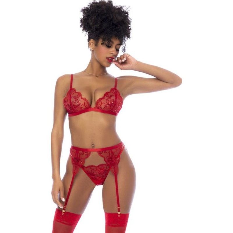 red lace lingerie 3 piece set with bralette, garter belt, and thong