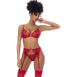 red lace lingerie 3 piece set with bralette, garter belt, and thong