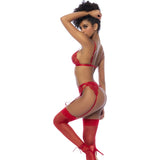 red lace lingerie 3 piece set with bralette, garter belt, and thong