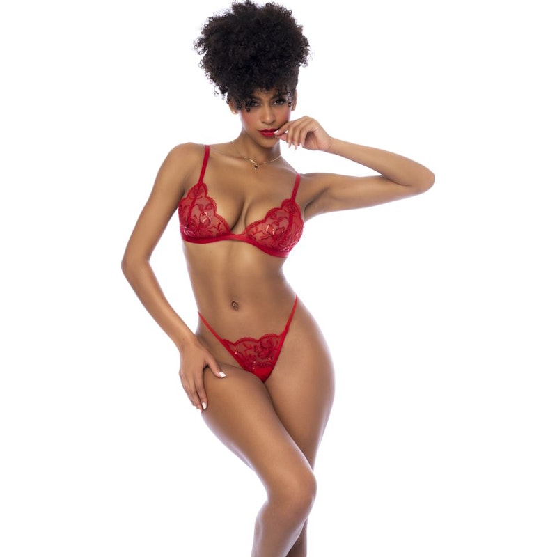 red lace lingerie 3 piece set with bralette, garter belt, and thong