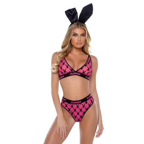 Playboy Flocked Bunny 2 Pc Lingerie Set Pink - Naughty by Nature Adult Store