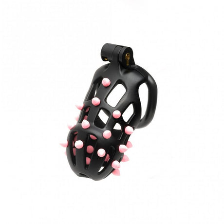 Sport Fucker FlexiSpike Size 2 black resin chastity cage with pink silicone spikes and a brass lock.