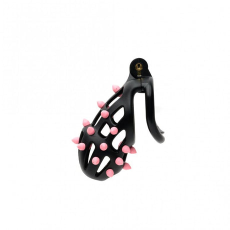Sport Fucker FlexiSpike Size 2 black resin cock cage with pink silicone spikes and a brass lock.