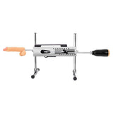 A dual-ended sex machine with a metal frame, featuring a dildo and a masturbation sleeve attachment.