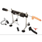 MixJoy dual-ended sex machine with metal frame, remote control, and two dildo attachments.