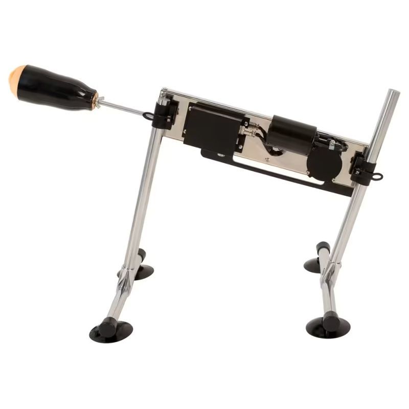 A dual-ended remote control sex machine with a metal frame, suction cup feet, and two attachments.
