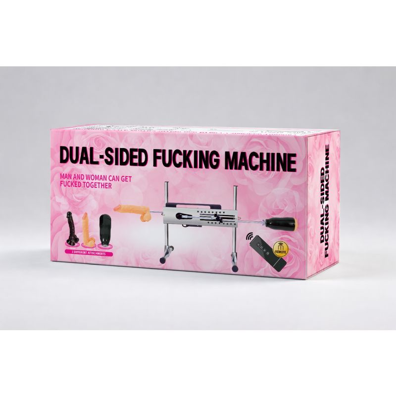 A pink box for a dual-sided sex machine with a metal frame, remote control, and dildo attachments.