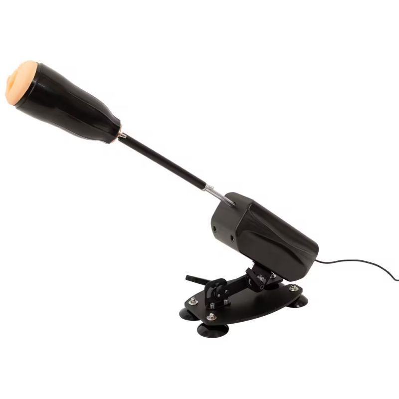 MixJoy sex machine with a black motorized base, suction cups, and a masturbation cup attachment.