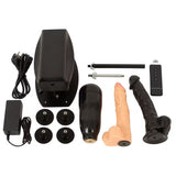 MixJoy sex machine kit with remote control, power adapter, and three different attachments.