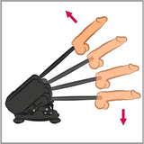 Diagram showing the adjustable angle of a black sex machine with a dildo attachment.