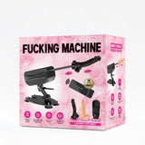 MixJoy sex machine kit in a pink rose box with remote control and three interchangeable attachments.