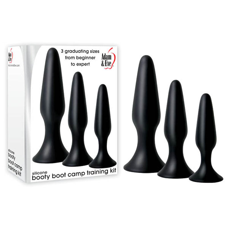 Adam & Eve Silicone Booty Boot Camp Training Kit - Black Butt Plugs - Set of 3 Sizes - Naughty by Nature Adult Store