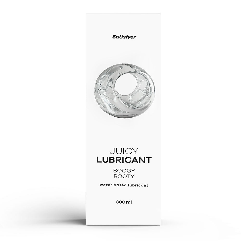 Satisfyer Boogy Booty water-based anal lubricant in a 300ml white bottle with a silver graphic.