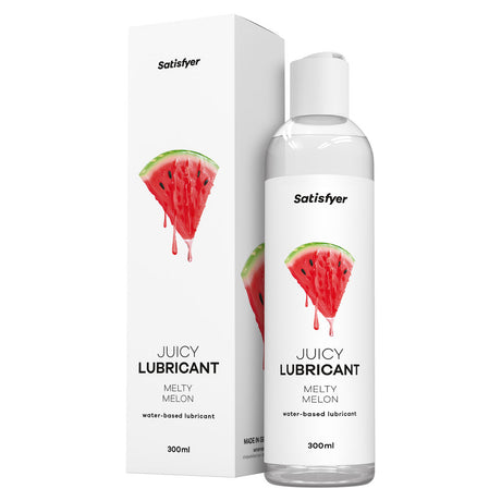 Satisfyer Melty Melon water-based lubricant in a 300ml bottle and matching white box.