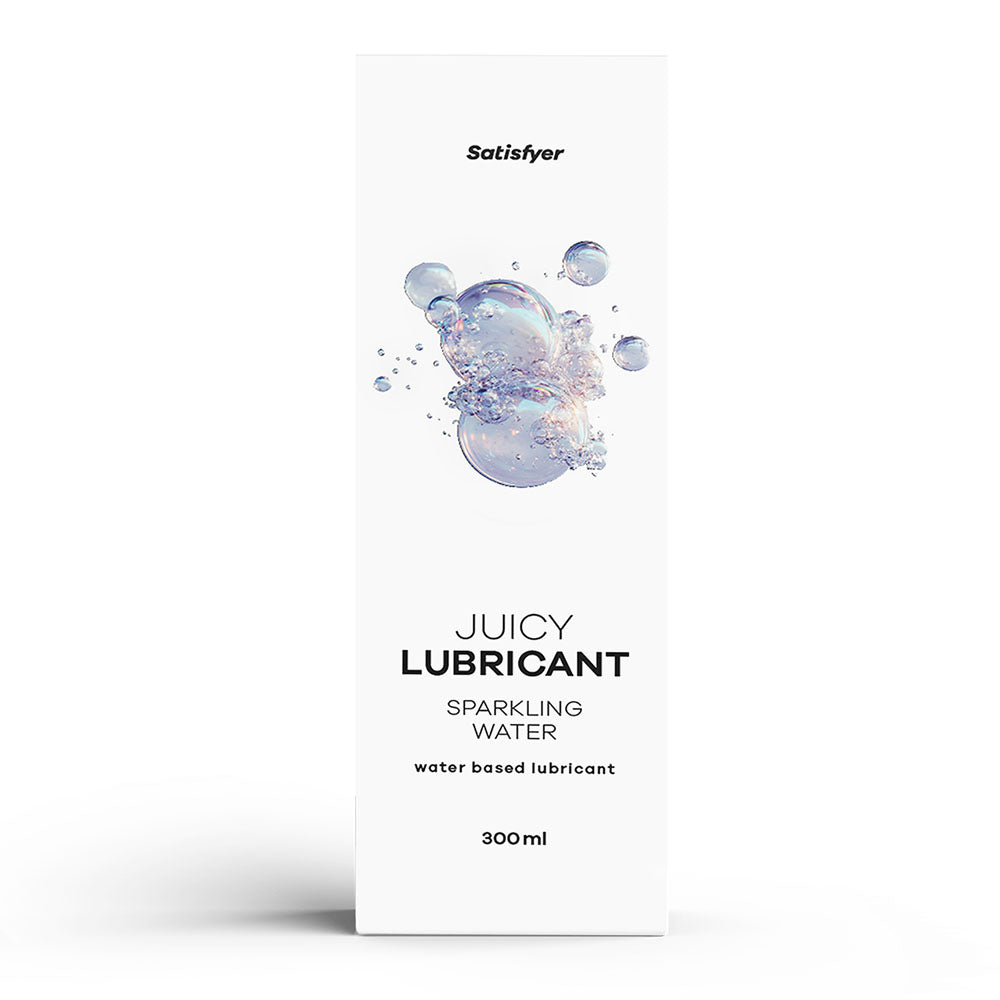 Satisfyer Juicy Sparkling water-based lubricant in a 300 ml white box with bubble graphics.