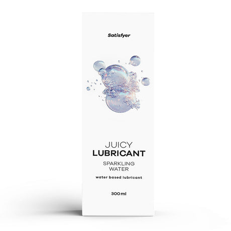 Satisfyer Juicy Sparkling water-based lubricant in a 300 ml white box with bubble graphics.