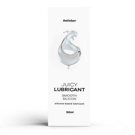 A 150 ml white box of Satisfyer Juicy Silicone Lubricant with a clear liquid splash graphic.