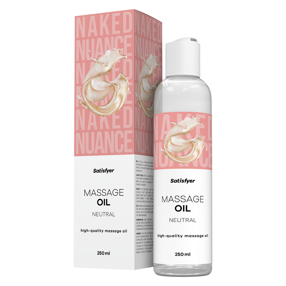 A 250ml bottle and box of Satisfyer Neutral Massage Oil with a clear, unscented formula.